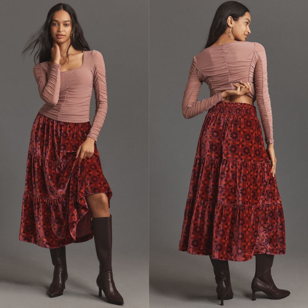 New Anthropologie Violet Red Somerset Velvet Maxi Skirt - Size Small